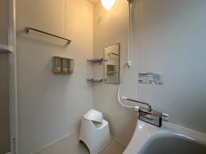 a bathroom with a toilet and a sink and a mirror at Summer Cool Forest Cottage-北軽井沢 夏涼の森コテージ- in Tsumagoi