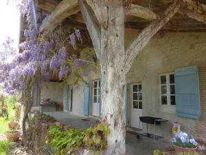a tree in front of a house with purple flowers at Gite Rural de Caractere in Guérin