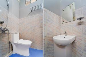 two pictures of a bathroom with a toilet and a sink at Super Townhouse Green Field Stadium Karyavattom in Kazhakuttam