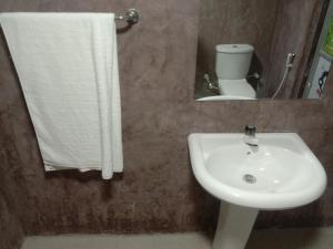 a bathroom with a sink and a mirror and a toilet at Rangiri Villa Sigiriya in Dambulla
