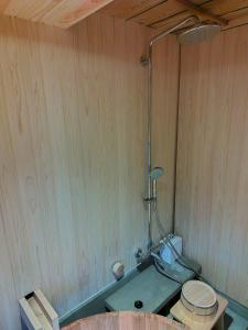 a bathroom with a toilet in a wooden wall at Ryokuinsansou-bettei - Vacation STAY 48641v in Yasugi