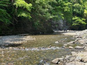una persona caminando a través de un río con rocas y árboles en Wood Roof Okuchichibu Auto Campsite - Vacation STAY 78617v, en Azabu