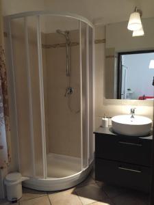 a bathroom with a shower and a sink at Casale Del Borgo in Hermada