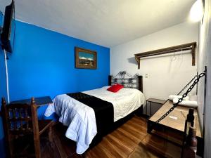 a blue bedroom with a bed with a red pillow at OYO Casa Vieja,Ciudad Serdán,Museo La Magnolia in Ciudad Serdán