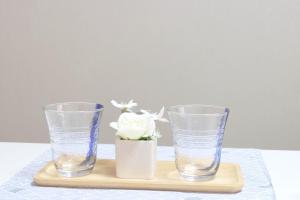 zwei Glasvasen mit einer Pflanze auf einem Holztablett in der Unterkunft Daiichi Mitsumi Corporation - Vacation STAY 14915 in Musashino