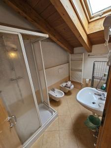 a bathroom with a sink and a shower and two toilets at Chalet Li Baita Daniela in Livigno