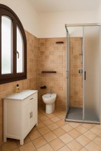 バデージにあるSunset View Apartment and Pool Badesiのトイレとガラスのシャワー付きのバスルーム