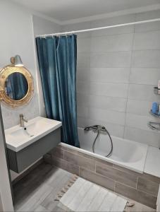 a bathroom with a sink and a tub and a shower at Charmante maison de vacances in Saint-André-de-Cubzac