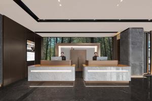 Atour Hotel Long'an Lake Linping في هانغتشو: شخصان في مكتب مع أجهزة الكمبيوتر الخاصة بهما