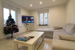 a living room with a christmas tree and a couch at Appartement à La Bresse, proche des lacs, pistes de ski et randonnées in La Bresse