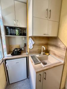 Una pequeña cocina con fregadero y refrigerador. en Beach Please Apartment, en Burgas