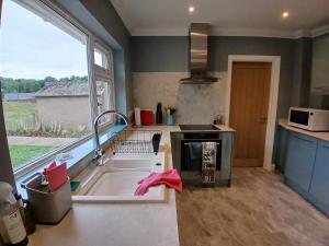 a kitchen with a sink and a large window at Hillside in Ewyas Harold