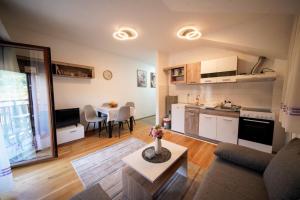 a living room with a couch and a kitchen and a table at Apartman SAN in Banja Koviljača