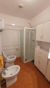 a bathroom with a toilet and a shower in it at Beach villa La Genziana in Parghelia