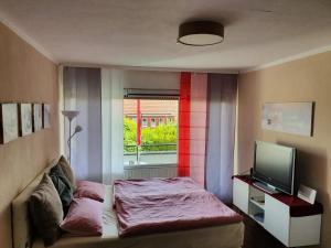 a small bedroom with a bed and a television at Ferienwohnung Kempe - Hagebuttenweg in Bad Lauterberg