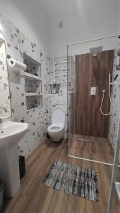 a bathroom with a toilet and a glass shower at Za zieloną bramą in Zawiercie