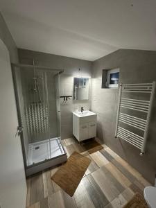 a bathroom with a shower and a sink at Azuga Home in Azuga +5 photos