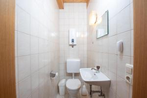 a white bathroom with a toilet and a sink at Haus 76 Top 1 in Krimml +5 photos