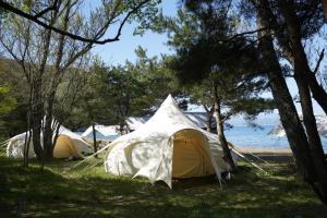 a group of tents in the grass near the water at Roots Inawashiro Lake Area - Vacation STAY 29940v in Inawashiro