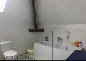 a white bathroom with a tub and a toilet at Villa Alice centre village proche forêt in Barbizon