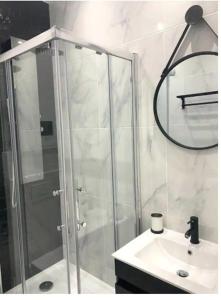 un baño con ducha y lavabo en Joli Appart 4pers#Buttes Chaumont#Chapeau Rouge, en París