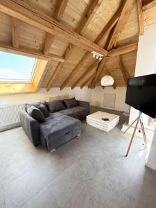 a living room with a couch and a tv at Neues, stilvolles Loft inmitten der Weinberge  +8 photos