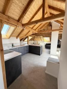 a large room with a wooden ceiling with beams at Neues, stilvolles Loft inmitten der Weinberge 