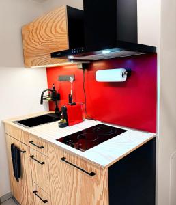 Il comprend une petite cuisine équipée d'un four avec plaques de cuisson rouges. dans l'établissement BASELiving Studio 2 - Bahnhof SBB, à Bâle