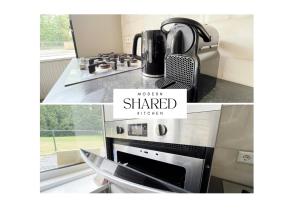 a collage of pictures of a kitchen with aether shared kitchen at Private Room & Study-friendly, University Tilburg in Tilburg