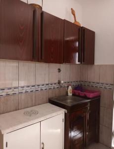 a kitchen with wooden cabinets and a sink at Sutomore Ivana Ratac in Sutomore +54 photos