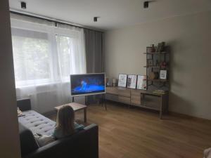 a young girl sitting in a living room watching a television at Žemaičių 8 in Kretinga