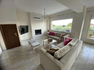 Una sala de estar con un sofá y una chimenea. en Sunnyhomes Livithra, en Leptokarya