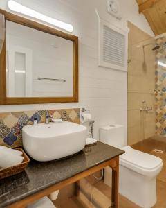 a bathroom with a sink and a toilet and a mirror at Zen By The Sea in Betalbatim +22 photos
