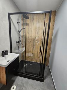 a bathroom with a shower and a sink at LUCAFIORI Hotel OBORY in Obory