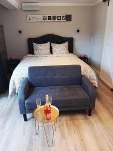 维尔雅尔姆Studio "Coeur du Lac"的一间卧室配有蓝色的沙发和一张床