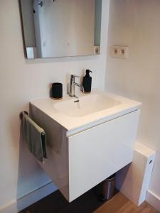a bathroom with a white sink and a mirror at Studio "Coeur du Lac" in Vielsalm +21 photos