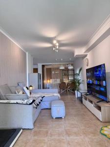 a living room with a couch and a flat screen tv at Peaceful Garden Cottage -Walking to the Beach in Bicas