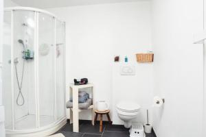 a white bathroom with a shower and a toilet at Kaze - Bienvenue chez vous in Grimbergen +3 photos