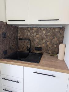 Una cocina con gabinetes blancos y un fregadero. en Wasserschloss Apt, en Neukirchen