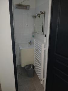 Un baño con lavabo, inodoro y espejo. en Chambre avec SDB WC à 100 m du départ du GR20, en Calenzana