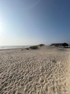 a sandy beach with a building and the ocean at Quinta Ti Lita in Tocha