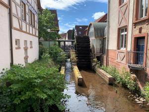 a small canal in a city with buildings at Ferienhaus Trifels in Annweiler am Trifels