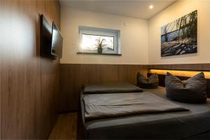 a bedroom with a bed and a tv and a window at Ferienhaus SUNSET am Mühlfeldsee in Löbnitz