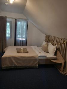 a bedroom with a bed and a window at Casa cu Brazi in Buşteni