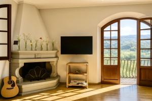 un salon avec une cheminée et une télévision dans l'établissement Villa Diana, à Castelnuovo di Garfagnana