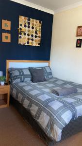 a bed in a bedroom with a blue wall at QueensBerry Hotel in Annan