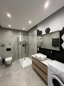 a bathroom with a shower and a toilet and a sink at Apartamenty Parkowa - Kamień Śląski in Kamień Śląski +66 photos