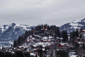 una ciudad cubierta de nieve en una montaña en Gstaad Blue Sky Chalet with stunning views, en Gstaad