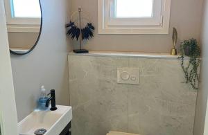 a bathroom with a sink and a mirror at Vakantiepark de Zeeuwse Parel - De Zeester in Sint Maartensdijk +6 photos