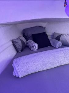 a purple room with a bed with pillows at Bateau aventure in Saint-Cyprien-Plage
